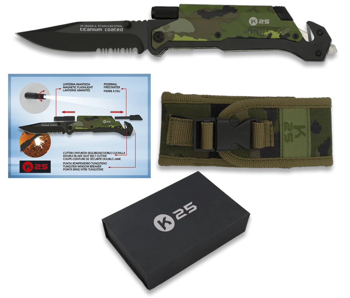 Couteau Pliant K25 18205 Camo-vert Lame 9.5 Cm Revêtue Titane 3 Couteau Pliant K25 18205 Camo-vert Lame 9.5 Cm Revêtue Titane